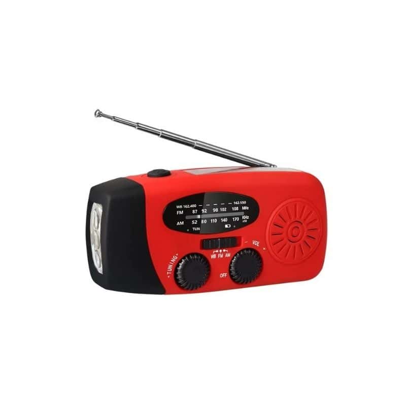 Nödradio med solcell och handvev powerbank med väderradio