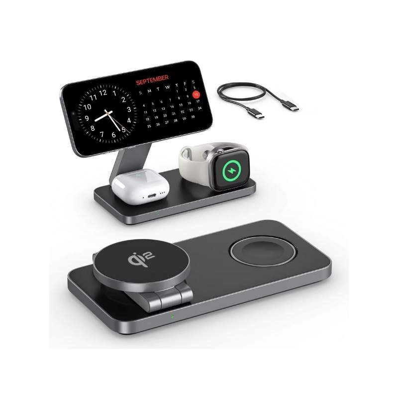 Trådlös Laddare 3-i-1 Qi2 Snabbladdare för iPhone, Apple Watch & AirPods Svart