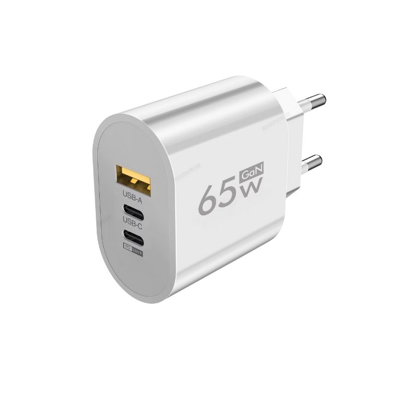 Väggladdare 65W GaN USB-C Snabbladdare 3 portar - Vit
